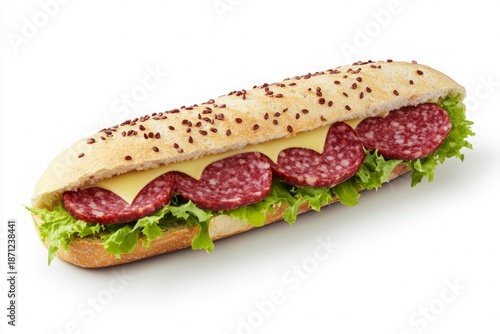 Wallpaper Mural Long crusty submarine sandwich with salami slices, melted cheese, and fresh green lettuce, isolated on white background Torontodigital.ca