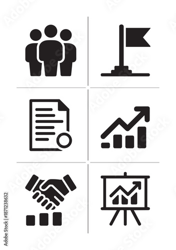 Black and white business including people handshake flag document graph