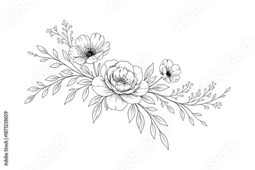 Elegant black and white floral design with detailed botanical elements