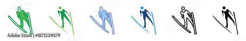 Ski Jumping Icon Set in Multiple Styles and Colors – Winter Olympic Ski Jump Athlete Symbol for Sports UI, App, and Web Design