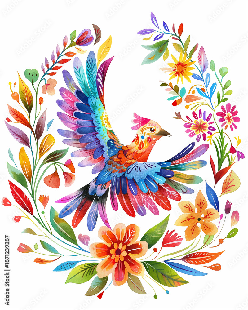 Obraz premium Colorful Watercolor Bird in Flight with Otomi Folk Floral Wreath – Vibrant Mexican Folk Art Illustration