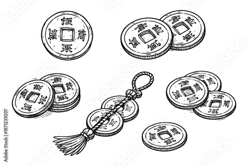 Hand drawn chinese coins set with tang dynasty style