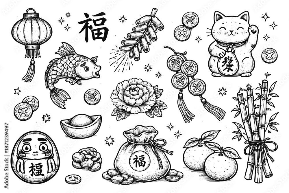 Obraz premium Traditional asian symbols in detailed black and white sketch style