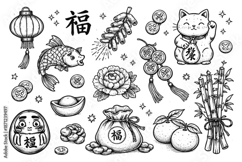 Traditional asian symbols in detailed black and white sketch style