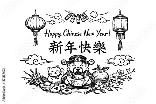 Festive chinese new year celebration with traditional symbols and calligraphy