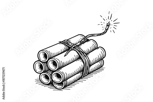 Hand drawn dynamite bundle with lit fuse on white background