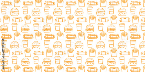 Seamless pattern of fast food icons including burgers, fries, and drinks on a white background, perfect for creative projects and designs