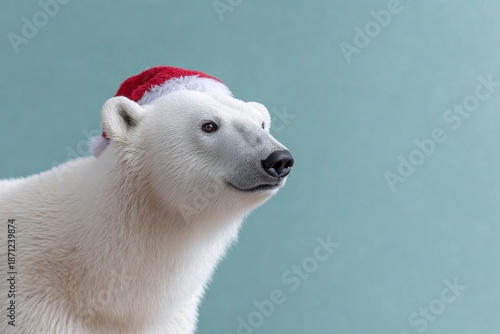 a cute polar bear wearing a santa hat on a green background