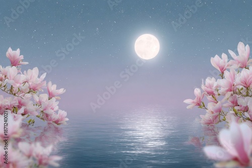 full moon, night sky with stars, calm sea water reflecting, pink magnolia blossoms on both sides of the water