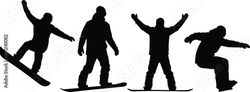 Silhouette sequence of snowboarders in varied poses, performing tricks, standing, celebrating, dynamic winter sports action and snowboarding technique illustration