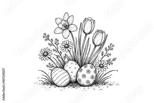 Spring floral arrangement with decorative easter eggs in black and white