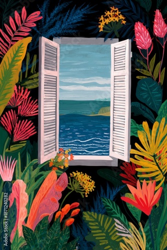 painting of an open window with a sea view, tropical leaves and flowers, on a black background