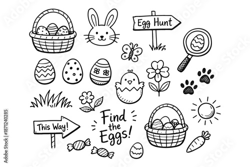 Black and white easter doodle with eggs, bunny, and spring elements for fun holiday designs
