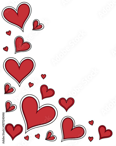 A cluster of red and white hearts arranged diagonally across a white background, creating a romantic and festive visual.