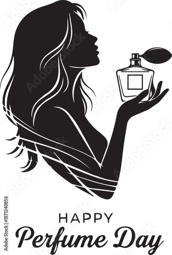 Silhouette of a Beautiful Woman Holding a Perfume Bottle with Mist and Swirls for Happy Perfume Day Concept