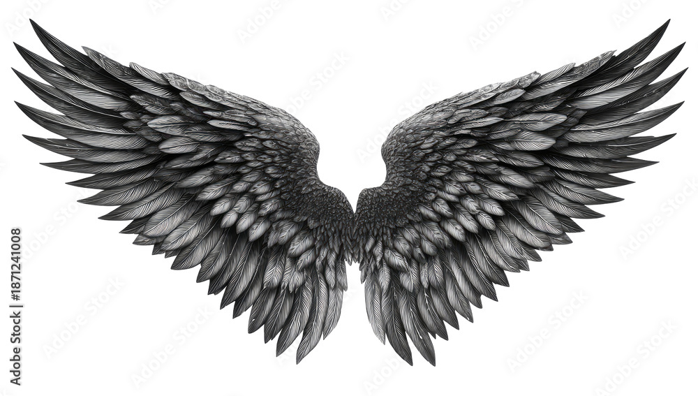 Obraz premium Pair of large, detailed wings in grayscale. The wings, with intricate feather patterns, are spread wide, evoking a sense of power and freedom