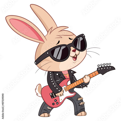 full-color, vector anime cartoon illustration of a cute bunny, wearing black sunglasses, dressed like a rocker, playing the electric guitar
