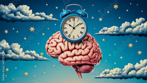 Human brain with alarm clock symbolizing time and mental health concept
