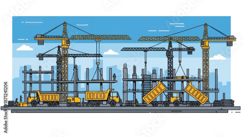 Construction site with cranes and trucks.