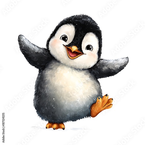 Happy Penguin Character Dancing and Waving, Cute and Fluffy Illustration