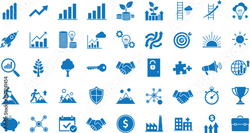 A collection of 40 blue business and finance icons on a white background for infographics and presentations