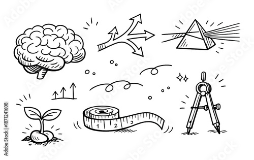 Illustrated science and math concepts on black background