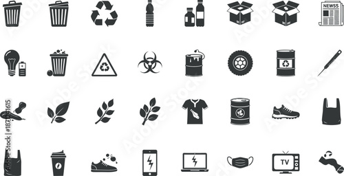 Collection of various recycling and environmental icons in black and white