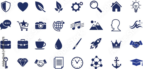 A collection of 30 various icons in blue and black on a white background including objects and symbols