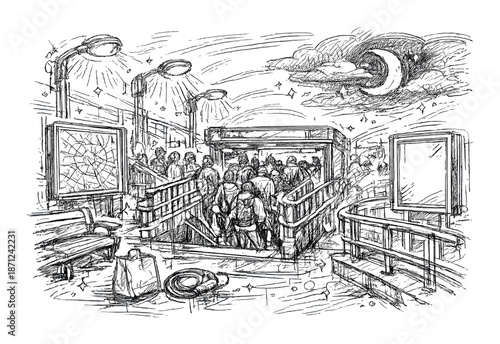 Crowded urban subway scene with commuters under night sky