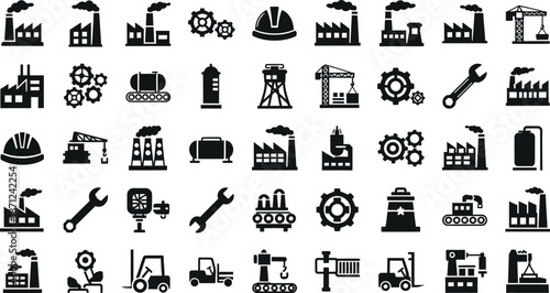 Industrial icons and tools vector set for factory and manufacturing concepts