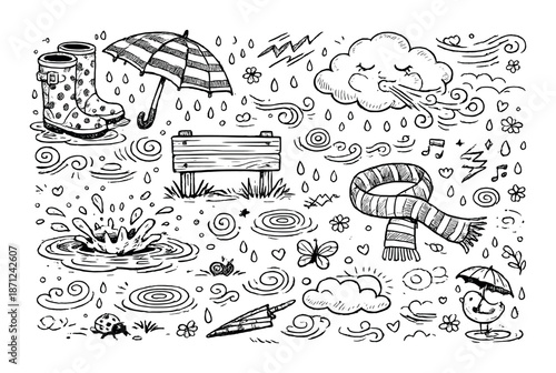 Whimsical black and white weather doodles with rainy elements and nature