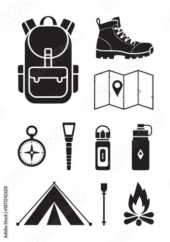 Black and white of camping gear and travel accessories backpack hiking