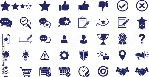 Collection of various icons for user interface and web design including ratings symbols and objects