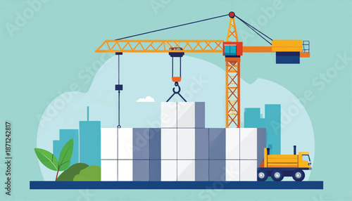 Yellow Construction Crane Lifting Blocks.