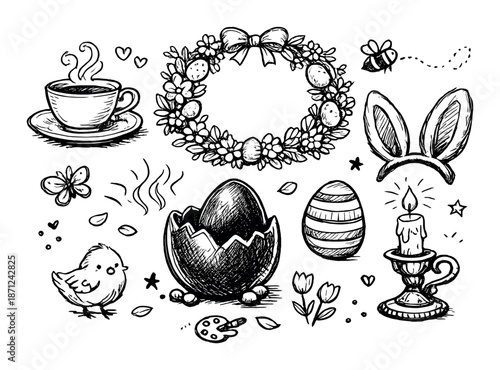Easter doodles: wreath, eggs, candle, spring elements, bunny ears