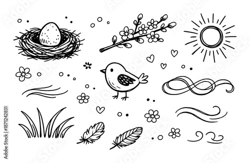Whimsical black and white bird doodle with nest and blossoms