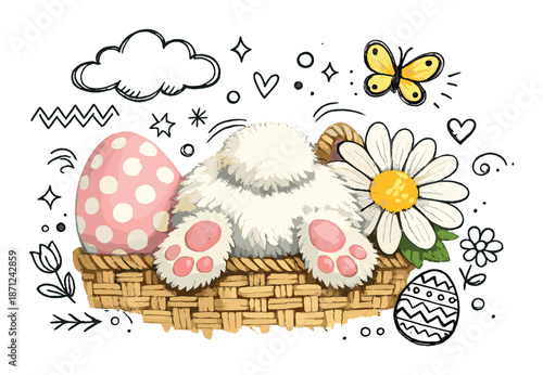 Easter bunny in basket with eggs and daisy blossom, butterfly and doodles