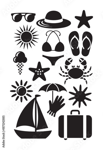 Black and white beach vacation including sunglasses hat bikini flip flops starfish crab