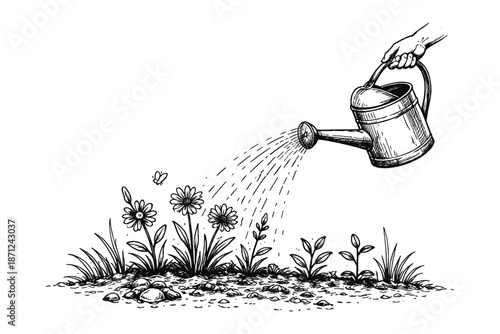 Hand watering garden flowers sketch with watering can and butterfly