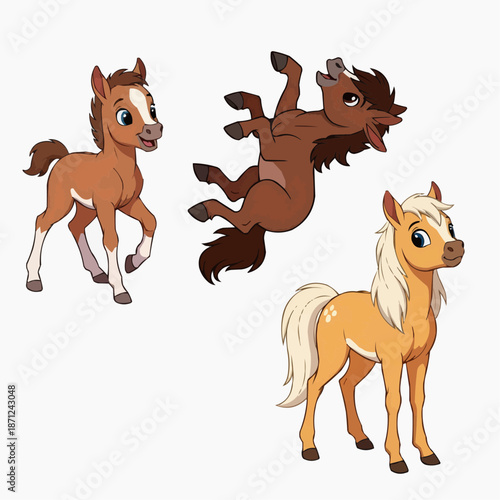 Set of cute cartoon foals and horses in playful poses
