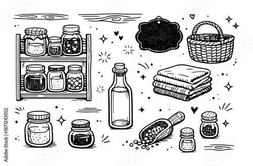 Vintage kitchen elements: jars, bottles, baskets, and linens in black and white illustration