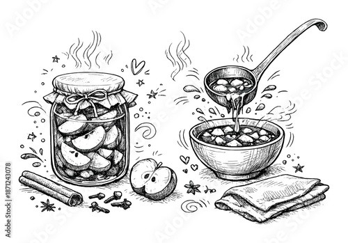 Hand-drawn apples and spices in jar with warm beverage illustration