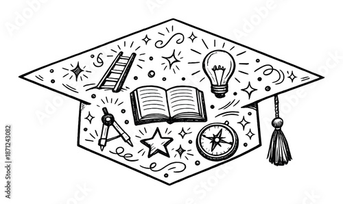 Hand-drawn school supplies on gray background with clock, scissors, notebook, and pencil case