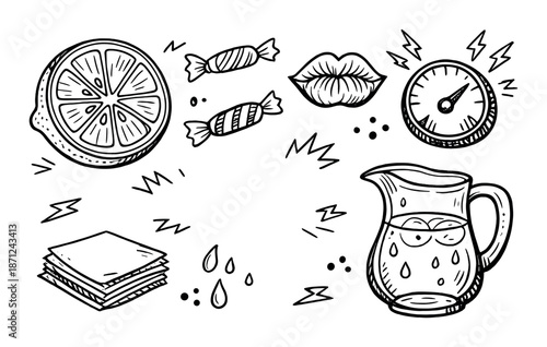 Cartoon doodles: citrus, candy, lips, speedometer, book, water pitcher