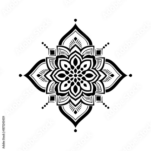Detailed geometric mandala with symmetrical floral patterns, symbolizing balance, mindfulness, harmony, and spiritual focus in wellness and meditation contexts.