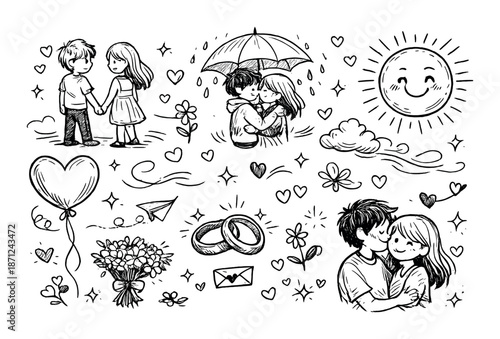 Romantic sketches of young caucasian couple with love symbols and nature elements