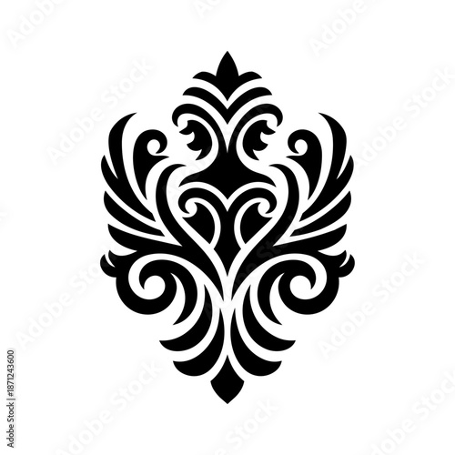 Ornamental abstract crest with flowing symmetrical curves that conveys elegance, heritage, and refined luxury suitable for premium branding and identity design.