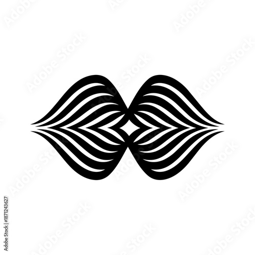 Mirrored flowing wave shapes meeting at the center, expressing balance between forces, harmony, rhythm, and continuous motion.