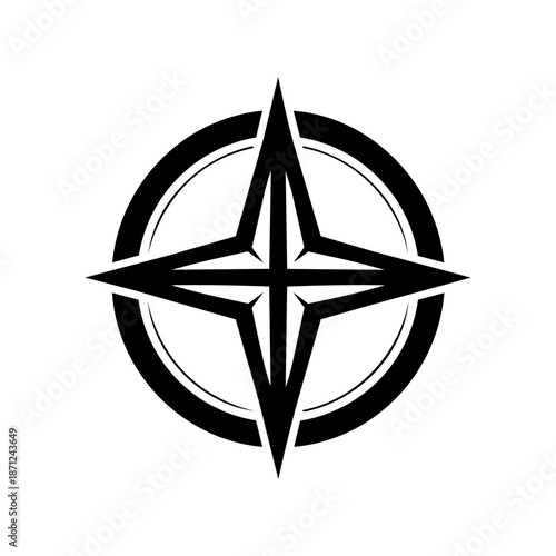 Bold compass rose enclosed in a circle, symbolizing direction, guidance, navigation, and confident decision making for travel, strategy, and leadership themes.
