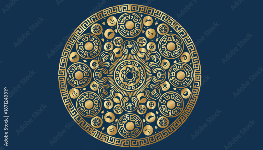 Fototapeta premium Intricate golden circular mandala with detailed patterns and symbols.